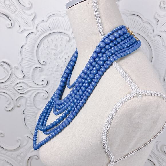 VTG 7 Strand Necklace Bold Retro Boho Blue Acrylic Beads Chunky Statement - Picture 3 of 9